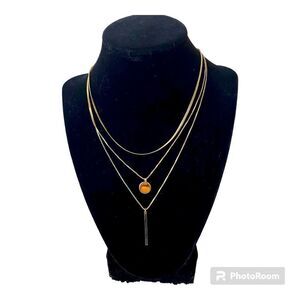 Gold Plated 3 Layer Vertical Drop Bar, Disk & Single Chain Necklace